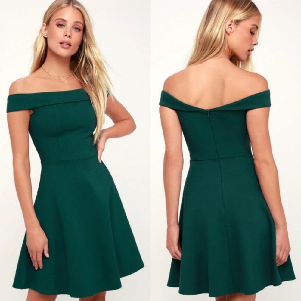 Lulus Season of Fun Forest Green Off-the-Shoulder Skater Dress Size M